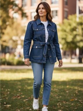 Dictionary Women’s Denim Jacket Belted Waist Button Front Casual Size Medium NWT